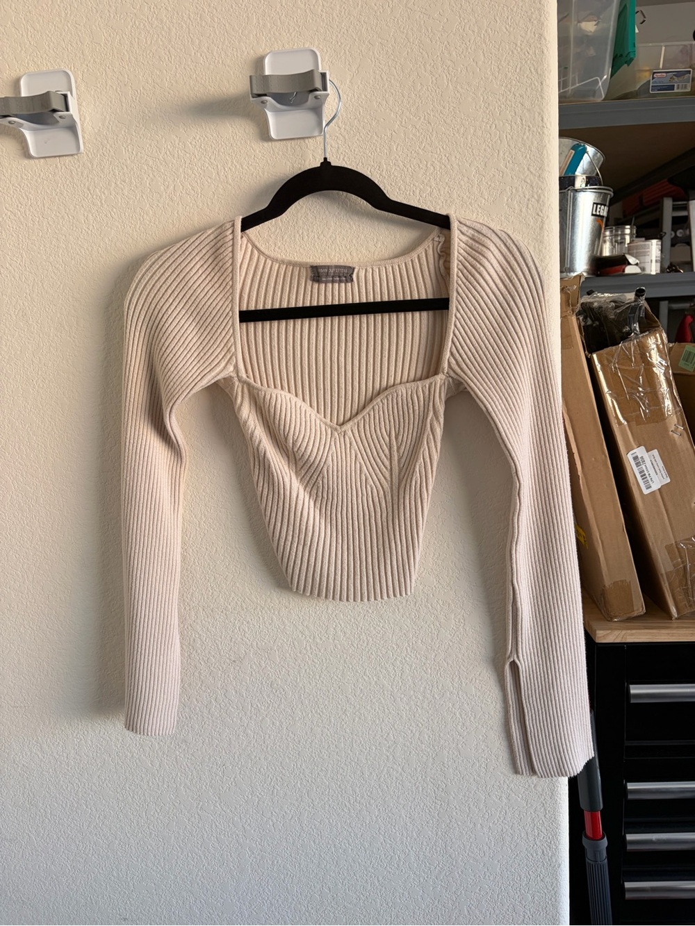 Urban Outfitters Cream Ribbed Long Sleeve Crop Top